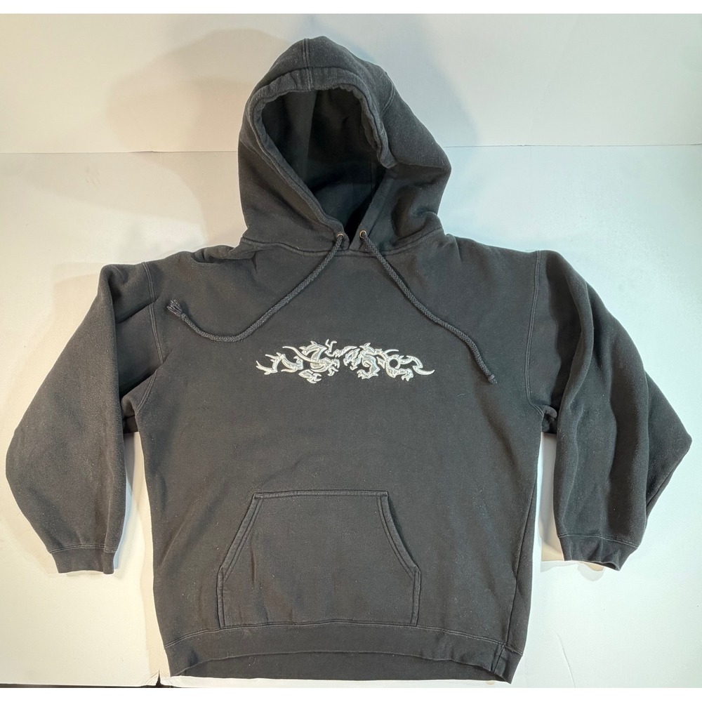Vintage Top Heavy Black Hoodie XL Embroidered Silver Tribal Dragon Y2K Skate